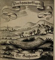 An illustration from Der Fruchtbringenden Geselschaft Nahmen, Vorhaben, Gemählde und Wörter : nach jedes Einnahme ordentlich in Kupfer gestochen, und in achtzeilige Reimgesetze verfasset (1646)