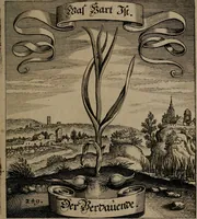 An illustration from Der Fruchtbringenden Geselschaft Nahmen, Vorhaben, Gemählde und Wörter : nach jedes Einnahme ordentlich in Kupfer gestochen, und in achtzeilige Reimgesetze verfasset (1646)