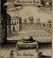 An illustration from Der Fruchtbringenden Geselschaft Nahmen, Vorhaben, Gemählde und Wörter : nach jedes Einnahme ordentlich in Kupfer gestochen, und in achtzeilige Reimgesetze verfasset (1646)