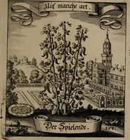 An illustration from Der Fruchtbringenden Geselschaft Nahmen, Vorhaben, Gemählde und Wörter : nach jedes Einnahme ordentlich in Kupfer gestochen, und in achtzeilige Reimgesetze verfasset (1646)
