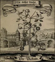 An illustration from Der Fruchtbringenden Geselschaft Nahmen, Vorhaben, Gemählde und Wörter : nach jedes Einnahme ordentlich in Kupfer gestochen, und in achtzeilige Reimgesetze verfasset (1646)