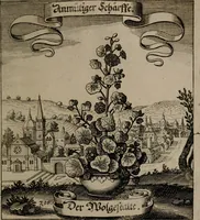 An illustration from Der Fruchtbringenden Geselschaft Nahmen, Vorhaben, Gemählde und Wörter : nach jedes Einnahme ordentlich in Kupfer gestochen, und in achtzeilige Reimgesetze verfasset (1646)