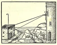 An illustration from Der furnembsten, notwendigsten, der gantzen Architectur angehörigen mathematischen vnd mechanischen Künst eygentlicher Bericht : vnd vast klare, verstendliche Vnterrichtung, zu rechtem Verstandt der Lehr Vitruuij, in drey furneme Bücher abgetheilet : als, Der newen Perspectiua ... : der Geometrischen Büxenmeisterey, vnd Geometrischen Messung ... (1547)