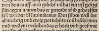 An illustration from Des allerdurchleichtigsten vnnd vnüberwindlichsten Fürsten vund Herzen , hern Friderichen des dritten Roemischen Kaysers, vnd frawen Leonora, Künigin auf Portugal, vermächelunng vñ Kroenung zc. : darnach des allerdurchleüchtigisten vnd grossmechtigisten Fürsten vñ Herzen, herzn Maximilian Roemischen Künigs zc. vnd seiner maiestat Schwester, Kunigund genant, hochloblich gerburd zc. (1503)