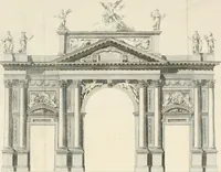 An illustration from Descripcion de los ornatos públicos con que la corte de Madrid ha solemnizado la feliz exâltacion al trono de los reyes nuestros señores don Carlos IIII. y doña Luisa de Borbon, y la jura del serenisimo señor don Fernando, principe de Asturias (1789)