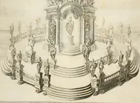 An illustration from Descripcion del real monasterio de San Lorenzo del Escorial : su magnifico templo, panteon, y palacio : compendiada de la descripcion antigua, y exornada con nuevas vistosas láminas de su planta y montéa : aumentada con la noticia de varias grandezas y alhajas con que han ilustrado los católicos reyes aquel maravilloso edificio, y coronada con un tratado apendice de los insignes profesores de las bellas artes estatuaria, arquitectura, y pintura, que concurrieron á su fundacion, y despues le han enriquecido con sus obras (1764)
