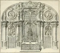 An illustration from Descripcion del real monasterio de San Lorenzo del Escorial : su magnifico templo, panteon, y palacio : compendiada de la descripcion antigua, y exornada con nuevas vistosas láminas de su planta y montéa : aumentada con la noticia de varias grandezas y alhajas con que han ilustrado los católicos reyes aquel maravilloso edificio, y coronada con un tratado apendice de los insignes profesores de las bellas artes estatuaria, arquitectura, y pintura, que concurrieron á su fundacion, y despues le han enriquecido con sus obras (1764)