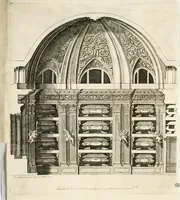 Picture 35 of 42 from Descripcion del real monasterio de San Lorenzo del Escorial : su magnifico templo, panteon, y palacio : compendiada de la descripcion antigua, y exornada con nuevas vistosas láminas de su planta y montéa : aumentada con la noticia de varias grandezas y alhajas con que han ilustrado los católicos reyes aquel maravilloso edificio, y coronada con un tratado apendice de los insignes profesores de las bellas artes estatuaria, arquitectura, y pintura, que concurrieron á su fundacion, y despues le han enriquecido con sus obras (1764), leaf 395