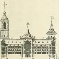Picture 14 of 42 from Descripcion del real monasterio de San Lorenzo del Escorial : su magnifico templo, panteon, y palacio : compendiada de la descripcion antigua, y exornada con nuevas vistosas láminas de su planta y montéa : aumentada con la noticia de varias grandezas y alhajas con que han ilustrado los católicos reyes aquel maravilloso edificio, y coronada con un tratado apendice de los insignes profesores de las bellas artes estatuaria, arquitectura, y pintura, que concurrieron á su fundacion, y despues le han enriquecido con sus obras (1764), leaf 58