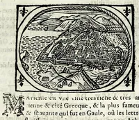 An illustration from Description contenant toutes les singularitez de plus celebres villes et places remarquables du royaume de France : avec les choses plus memorables aduenues en jceluy : reveu, corrige et auguemente du sommaire de l'estat, cartes des prouinces et de quelques portraitz des plus signalees uilles du dict royaume (1610)