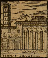 An illustration from Descrittione di Roma antica e moderna : nella quale si contengono chiese, monasterij, hospedali, compagnie, collegij e seminarij, tempij, teatri, anfiteatri, naumachie, cerchi, fori, curie, palazzi, e statue, librerie, musei, pitture, sculture, & i nomi de gli artefici : indice de'sommi pontefici, imperatori e duchi : con due copiosissime tauole (1643)