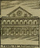 An illustration from Descrittione di Roma antica e moderna : nella quale si contengono chiese, monasterij, hospedali, compagnie, collegij e seminarij, tempij, teatri, anfiteatri, naumachie, cerchi, fori, curie, palazzi, e statue, librerie, musei, pitture, sculture, & i nomi de gli artefici : indice de'sommi pontefici, imperatori e duchi : con due copiosissime tauole (1643)