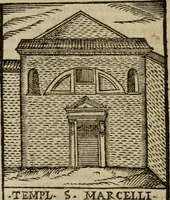 An illustration from Descrittione di Roma antica e moderna : nella quale si contengono chiese, monasterij, hospedali, compagnie, collegij e seminarij, tempij, teatri, anfiteatri, naumachie, cerchi, fori, curie, palazzi, e statue, librerie, musei, pitture, sculture, & i nomi de gli artefici : indice de'sommi pontefici, imperatori e duchi : con due copiosissime tauole (1643)