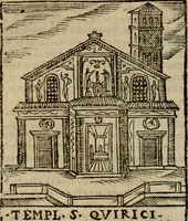 An illustration from Descrittione di Roma antica e moderna : nella quale si contengono chiese, monasterij, hospedali, compagnie, collegij e seminarij, tempij, teatri, anfiteatri, naumachie, cerchi, fori, curie, palazzi, e statue, librerie, musei, pitture, sculture, & i nomi de gli artefici : indice de'sommi pontefici, imperatori e duchi : con due copiosissime tauole (1643)