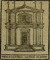 An illustration from Descrittione di Roma antica e moderna : nella quale si contengono chiese, monasterij, hospedali, compagnie, collegij e seminarij, tempij, teatri, anfiteatri, naumachie, cerchi, fori, curie, palazzi, e statue, librerie, musei, pitture, sculture, & i nomi de gli artefici : indice de'sommi pontefici, imperatori e duchi : con due copiosissime tauole (1643)