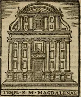 An illustration from Descrittione di Roma antica e moderna : nella quale si contengono chiese, monasterij, hospedali, compagnie, collegij e seminarij, tempij, teatri, anfiteatri, naumachie, cerchi, fori, curie, palazzi, e statue, librerie, musei, pitture, sculture, & i nomi de gli artefici : indice de'sommi pontefici, imperatori e duchi : con due copiosissime tauole (1643)