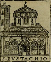 An illustration from Descrittione di Roma antica e moderna : nella quale si contengono chiese, monasterij, hospedali, compagnie, collegij e seminarij, tempij, teatri, anfiteatri, naumachie, cerchi, fori, curie, palazzi, e statue, librerie, musei, pitture, sculture, & i nomi de gli artefici : indice de'sommi pontefici, imperatori e duchi : con due copiosissime tauole (1643)