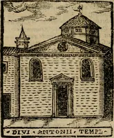 An illustration from Descrittione di Roma antica e moderna : nella quale si contengono chiese, monasterij, hospedali, compagnie, collegij e seminarij, tempij, teatri, anfiteatri, naumachie, cerchi, fori, curie, palazzi, e statue, librerie, musei, pitture, sculture, & i nomi de gli artefici : indice de'sommi pontefici, imperatori e duchi : con due copiosissime tauole (1643)