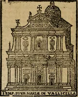 An illustration from Descrittione di Roma antica e moderna : nella quale si contengono chiese, monasterij, hospedali, compagnie, collegij e seminarij, tempij, teatri, anfiteatri, naumachie, cerchi, fori, curie, palazzi, e statue, librerie, musei, pitture, sculture, & i nomi de gli artefici : indice de'sommi pontefici, imperatori e duchi : con due copiosissime tauole (1643)