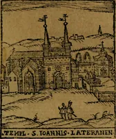 An illustration from Descrittione di Roma antica e moderna : nella quale si contengono chiese, monasterij, hospedali, compagnie, collegij e seminarij, tempij, teatri, anfiteatri, naumachie, cerchi, fori, curie, palazzi, e statue, librerie, musei, pitture, sculture, & i nomi de gli artefici : indice de'sommi pontefici, imperatori e duchi : con due copiosissime tauole (1643)