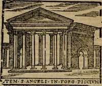 An illustration from Descrittione di Roma antica e moderna : nella quale si contengono chiese, monasterij, hospedali, compagnie, collegij e seminarij, tempij, teatri, anfiteatri, naumachie, cerchi, fori, curie, palazzi, e statue, librerie, musei, pitture, sculture, & i nomi de gli artefici : indice de'sommi pontefici, imperatori e duchi : con due copiosissime tauole (1643)