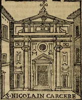 An illustration from Descrittione di Roma antica e moderna : nella quale si contengono chiese, monasterij, hospedali, compagnie, collegij e seminarij, tempij, teatri, anfiteatri, naumachie, cerchi, fori, curie, palazzi, e statue, librerie, musei, pitture, sculture, & i nomi de gli artefici : indice de'sommi pontefici, imperatori e duchi : con due copiosissime tauole (1643)