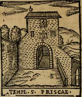 An illustration from Descrittione di Roma antica e moderna : nella quale si contengono chiese, monasterij, hospedali, compagnie, collegij e seminarij, tempij, teatri, anfiteatri, naumachie, cerchi, fori, curie, palazzi, e statue, librerie, musei, pitture, sculture, & i nomi de gli artefici : indice de'sommi pontefici, imperatori e duchi : con due copiosissime tauole (1643)