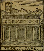 An illustration from Descrittione di Roma antica e moderna : nella quale si contengono chiese, monasterij, hospedali, compagnie, collegij e seminarij, tempij, teatri, anfiteatri, naumachie, cerchi, fori, curie, palazzi, e statue, librerie, musei, pitture, sculture, & i nomi de gli artefici : indice de'sommi pontefici, imperatori e duchi : con due copiosissime tauole (1643)