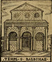 An illustration from Descrittione di Roma antica e moderna : nella quale si contengono chiese, monasterij, hospedali, compagnie, collegij e seminarij, tempij, teatri, anfiteatri, naumachie, cerchi, fori, curie, palazzi, e statue, librerie, musei, pitture, sculture, & i nomi de gli artefici : indice de'sommi pontefici, imperatori e duchi : con due copiosissime tauole (1643)