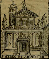 An illustration from Descrittione di Roma antica e moderna : nella quale si contengono chiese, monasterij, hospedali, compagnie, collegij e seminarij, tempij, teatri, anfiteatri, naumachie, cerchi, fori, curie, palazzi, e statue, librerie, musei, pitture, sculture, & i nomi de gli artefici : indice de'sommi pontefici, imperatori e duchi : con due copiosissime tauole (1643)