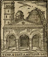 An illustration from Descrittione di Roma antica e moderna : nella quale si contengono chiese, monasterij, hospedali, compagnie, collegij e seminarij, tempij, teatri, anfiteatri, naumachie, cerchi, fori, curie, palazzi, e statue, librerie, musei, pitture, sculture, & i nomi de gli artefici : indice de'sommi pontefici, imperatori e duchi : con due copiosissime tauole (1643)