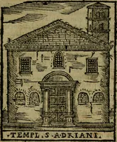 An illustration from Descrittione di Roma antica e moderna : nella quale si contengono chiese, monasterij, hospedali, compagnie, collegij e seminarij, tempij, teatri, anfiteatri, naumachie, cerchi, fori, curie, palazzi, e statue, librerie, musei, pitture, sculture, & i nomi de gli artefici : indice de'sommi pontefici, imperatori e duchi : con due copiosissime tauole (1643)