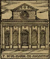An illustration from Descrittione di Roma antica e moderna : nella quale si contengono chiese, monasterij, hospedali, compagnie, collegij e seminarij, tempij, teatri, anfiteatri, naumachie, cerchi, fori, curie, palazzi, e statue, librerie, musei, pitture, sculture, & i nomi de gli artefici : indice de'sommi pontefici, imperatori e duchi : con due copiosissime tauole (1643)
