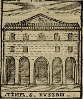 An illustration from Descrittione di Roma antica e moderna : nella quale si contengono chiese, monasterij, hospedali, compagnie, collegij e seminarij, tempij, teatri, anfiteatri, naumachie, cerchi, fori, curie, palazzi, e statue, librerie, musei, pitture, sculture, & i nomi de gli artefici : indice de'sommi pontefici, imperatori e duchi : con due copiosissime tauole (1643)
