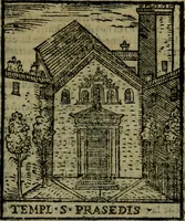 An illustration from Descrittione di Roma antica e moderna : nella quale si contengono chiese, monasterij, hospedali, compagnie, collegij e seminarij, tempij, teatri, anfiteatri, naumachie, cerchi, fori, curie, palazzi, e statue, librerie, musei, pitture, sculture, & i nomi de gli artefici : indice de'sommi pontefici, imperatori e duchi : con due copiosissime tauole (1643)