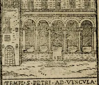 An illustration from Descrittione di Roma antica e moderna : nella quale si contengono chiese, monasterij, hospedali, compagnie, collegij e seminarij, tempij, teatri, anfiteatri, naumachie, cerchi, fori, curie, palazzi, e statue, librerie, musei, pitture, sculture, & i nomi de gli artefici : indice de'sommi pontefici, imperatori e duchi : con due copiosissime tauole (1643)