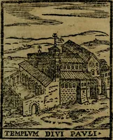 An illustration from Descrittione di Roma antica e moderna : nella quale si contengono chiese, monasterij, hospedali, compagnie, collegij e seminarij, tempij, teatri, anfiteatri, naumachie, cerchi, fori, curie, palazzi, e statue, librerie, musei, pitture, sculture, & i nomi de gli artefici : indice de'sommi pontefici, imperatori e duchi : con due copiosissime tauole (1643)
