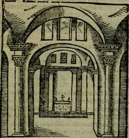 An illustration from Descrittione di Roma antica e moderna : nella quale si contengono chiese, monasterij, hospedali, compagnie, collegij e seminarij, tempij, teatri, anfiteatri, naumachie, cerchi, fori, curie, palazzi, e statue, librerie, musei, pitture, sculture, & i nomi de gli artefici : indice de'sommi pontefici, imperatori e duchi : con due copiosissime tauole (1643)
