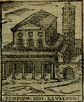 An illustration from Descrittione di Roma antica e moderna : nella quale si contengono chiese, monasterij, hospedali, compagnie, collegij e seminarij, tempij, teatri, anfiteatri, naumachie, cerchi, fori, curie, palazzi, e statue, librerie, musei, pitture, sculture, & i nomi de gli artefici : indice de'sommi pontefici, imperatori e duchi : con due copiosissime tauole (1643)
