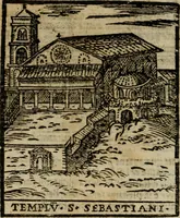 An illustration from Descrittione di Roma antica e moderna : nella quale si contengono chiese, monasterij, hospedali, compagnie, collegij e seminarij, tempij, teatri, anfiteatri, naumachie, cerchi, fori, curie, palazzi, e statue, librerie, musei, pitture, sculture, & i nomi de gli artefici : indice de'sommi pontefici, imperatori e duchi : con due copiosissime tauole (1643)