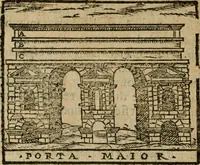 An illustration from Descrittione di Roma antica e moderna : nella quale si contengono chiese, monasterij, hospedali, compagnie, collegij e seminarij, tempij, teatri, anfiteatri, naumachie, cerchi, fori, curie, palazzi, e statue, librerie, musei, pitture, sculture, & i nomi de gli artefici : indice de'sommi pontefici, imperatori e duchi : con due copiosissime tauole (1643)