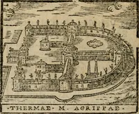 An illustration from Descrittione di Roma antica e moderna : nella quale si contengono chiese, monasterij, hospedali, compagnie, collegij e seminarij, tempij, teatri, anfiteatri, naumachie, cerchi, fori, curie, palazzi, e statue, librerie, musei, pitture, sculture, & i nomi de gli artefici : indice de'sommi pontefici, imperatori e duchi : con due copiosissime tauole (1643)