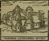 An illustration from Descrittione di Roma antica e moderna : nella quale si contengono chiese, monasterij, hospedali, compagnie, collegij e seminarij, tempij, teatri, anfiteatri, naumachie, cerchi, fori, curie, palazzi, e statue, librerie, musei, pitture, sculture, & i nomi de gli artefici : indice de'sommi pontefici, imperatori e duchi : con due copiosissime tauole (1643)