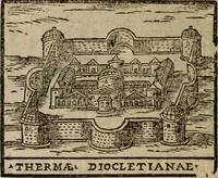 An illustration from Descrittione di Roma antica e moderna : nella quale si contengono chiese, monasterij, hospedali, compagnie, collegij e seminarij, tempij, teatri, anfiteatri, naumachie, cerchi, fori, curie, palazzi, e statue, librerie, musei, pitture, sculture, & i nomi de gli artefici : indice de'sommi pontefici, imperatori e duchi : con due copiosissime tauole (1643)