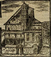 An illustration from Descrittione di Roma antica e moderna : nella quale si contengono chiese, monasterij, hospedali, compagnie, collegij e seminarij, tempij, teatri, anfiteatri, naumachie, cerchi, fori, curie, palazzi, e statue, librerie, musei, pitture, sculture, & i nomi de gli artefici : indice de'sommi pontefici, imperatori e duchi : con due copiosissime tauole (1643)