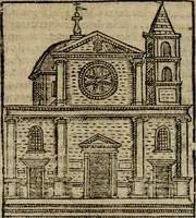 An illustration from Descrittione di Roma antica e moderna : nella quale si contengono chiese, monasterij, hospedali, compagnie, collegij e seminarij, tempij, teatri, anfiteatri, naumachie, cerchi, fori, curie, palazzi, e statue, librerie, musei, pitture, sculture, & i nomi de gli artefici : indice de'sommi pontefici, imperatori e duchi : con due copiosissime tauole (1643)