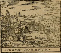 An illustration from Descrittione di Roma antica e moderna : nella quale si contengono chiese, monasterij, hospedali, compagnie, collegij e seminarij, tempij, teatri, anfiteatri, naumachie, cerchi, fori, curie, palazzi, e statue, librerie, musei, pitture, sculture, & i nomi de gli artefici : indice de'sommi pontefici, imperatori e duchi : con due copiosissime tauole (1643)