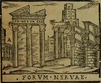 An illustration from Descrittione di Roma antica e moderna : nella quale si contengono chiese, monasterij, hospedali, compagnie, collegij e seminarij, tempij, teatri, anfiteatri, naumachie, cerchi, fori, curie, palazzi, e statue, librerie, musei, pitture, sculture, & i nomi de gli artefici : indice de'sommi pontefici, imperatori e duchi : con due copiosissime tauole (1643)