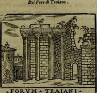 An illustration from Descrittione di Roma antica e moderna : nella quale si contengono chiese, monasterij, hospedali, compagnie, collegij e seminarij, tempij, teatri, anfiteatri, naumachie, cerchi, fori, curie, palazzi, e statue, librerie, musei, pitture, sculture, & i nomi de gli artefici : indice de'sommi pontefici, imperatori e duchi : con due copiosissime tauole (1643)
