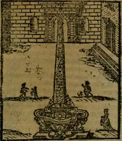 An illustration from Descrittione di Roma antica e moderna : nella quale si contengono chiese, monasterij, hospedali, compagnie, collegij e seminarij, tempij, teatri, anfiteatri, naumachie, cerchi, fori, curie, palazzi, e statue, librerie, musei, pitture, sculture, & i nomi de gli artefici : indice de'sommi pontefici, imperatori e duchi : con due copiosissime tauole (1643)